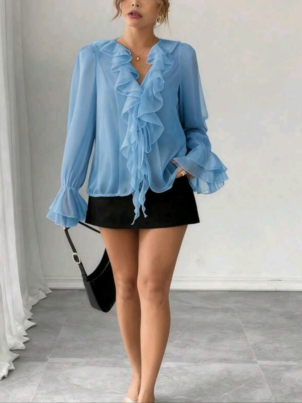 Light Blue Ruffle V-Neck Women's Blouse - Picture 4 of 6